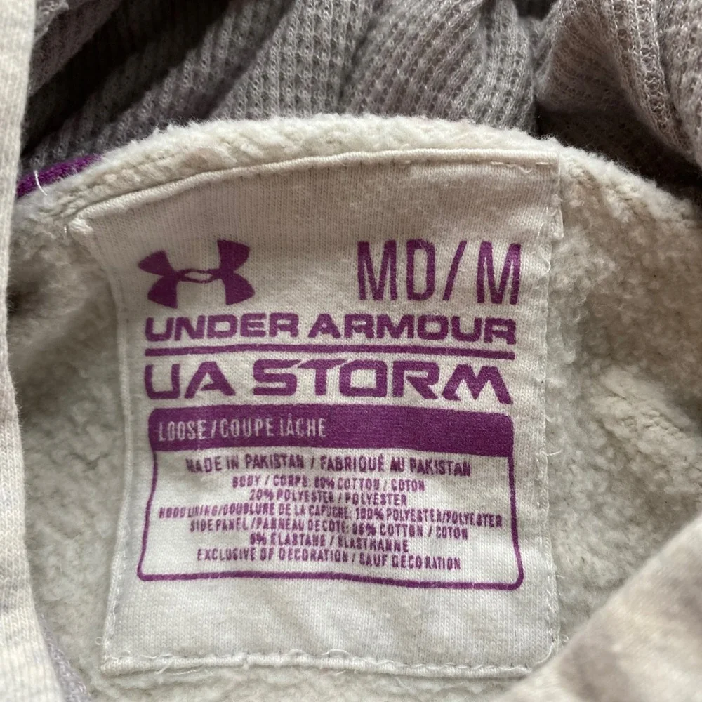 Under Armour UA Storm Women Medium Gray Purple‎ Logo Fleece Hoodie Sweatshirt